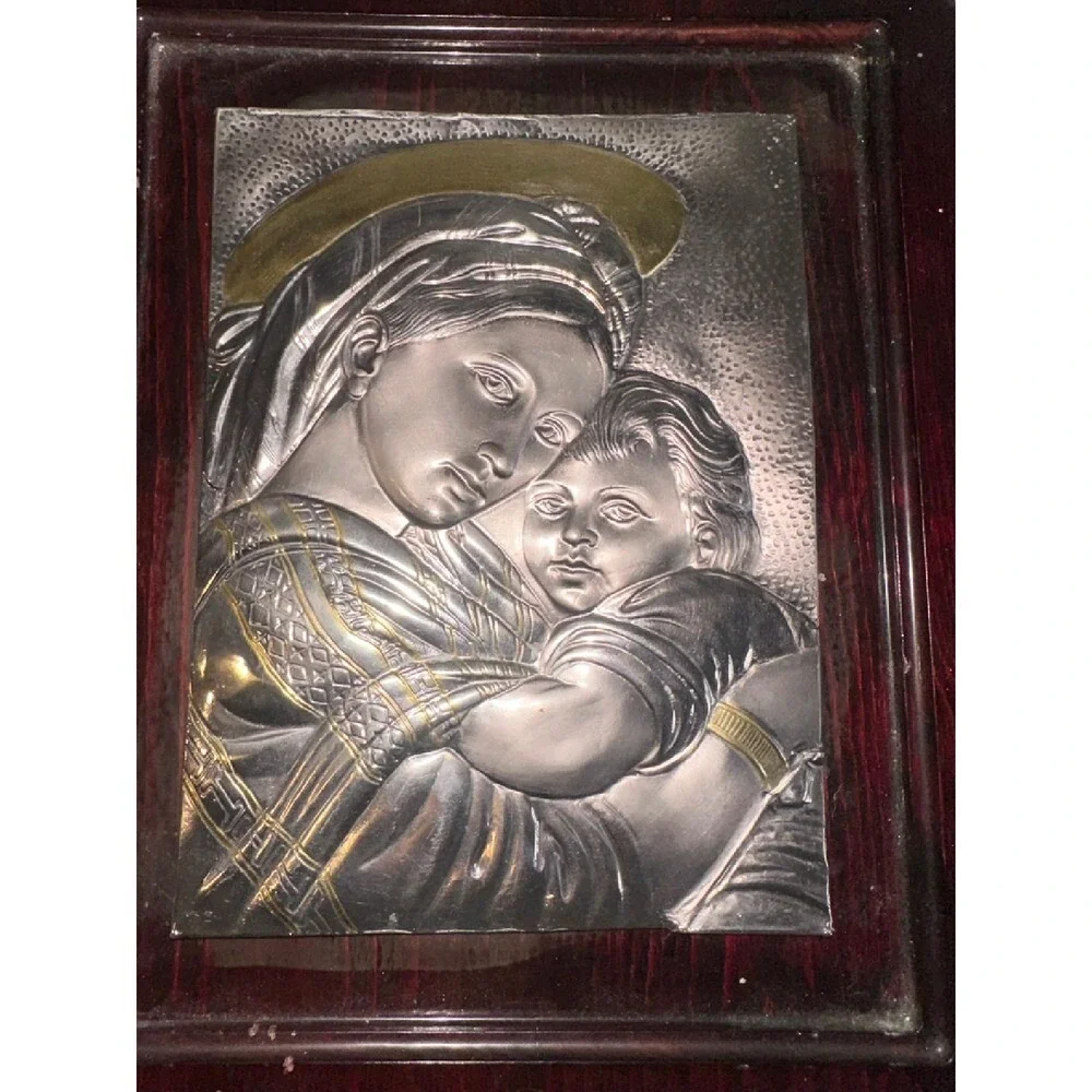 Madonna Child Plaque 16x13 Silver Plated Icon Catholic Wall Art Italy Wood Frame